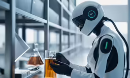 an automated white - suit holds a beer in a laboratory