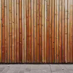 the board of a wooden fence with the brick sidewalk