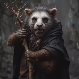a badger in a costume holding a stick