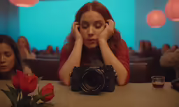 a woman holding her face over her camera
