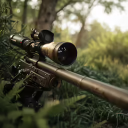 the scope on the rifle looks into the woods