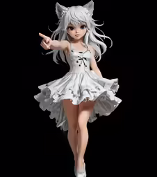 the animation doll has long white hair and is dressed in a short dress
