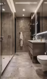 a modern bathroom with mirrored shower doors and large vanity area