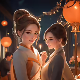 two woman stand next to each other with a candle in their hands