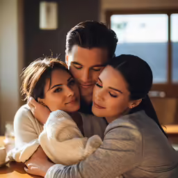 two girls and their man embrace as they sit in a kitchen