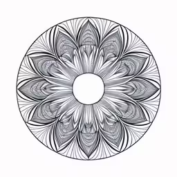 the coloring book is of a circular flower, with feathers on the petals,a circular pattern made out of black and white lines