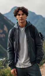 a young man with a black jacket in front of a mountain