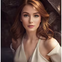 a woman with brown hair and pale dress in front of a rock