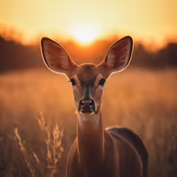 an antelope looks at the camera as the sun is setting