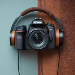 a camera is connected to headphones and sits on a wooden wall