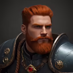 a man in armor and beard with red hair, red lips and beard