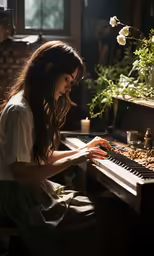 a woman in an open space playing piano