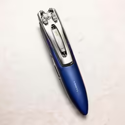 a blue electronic device on top of a table