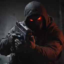 man in the gas mask is holding a gun