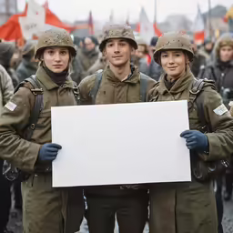 a bunch of people standing together with a sign