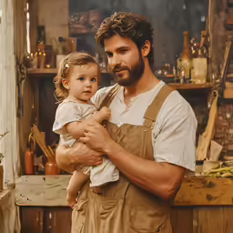 a man in a apron and holding a small child