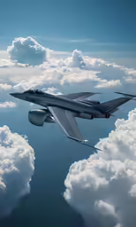 a jet plane flying above the clouds with water below it