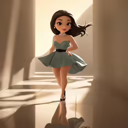 the character with long hair and short dress in an animation image