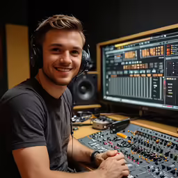 a man smiles while sitting in front of a sound mixing board