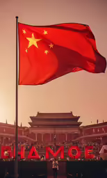 an asian flag with a large red chinese flag behind it