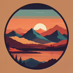 mountains and trees at sunrise are depicted in a circular picture,a round picture of a mountain range with trees and water under the sun
