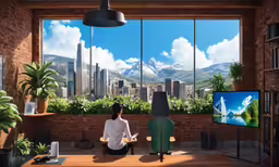 a woman is sitting at a desk and looking out the window with a city view