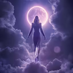 a young woman walks on some clouds in the middle of a full moon