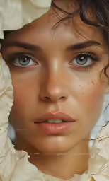a woman with blue eyes has white fabric in her collar