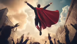 a person in the air on their feet with a red cape