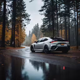 the car is driving down the road through a forest