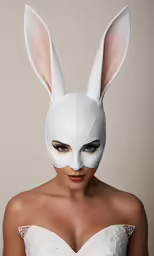 a woman wearing an animal mask with white bunny ears
