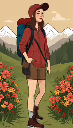 a digital drawing of a man wearing backpack standing in the grass,a woman with a backpack on and a backpack on in her hands