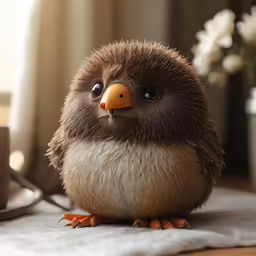 a bird sitting on a desk next to a cup