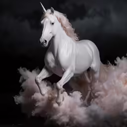 a white unicorn that is in the clouds of smoke