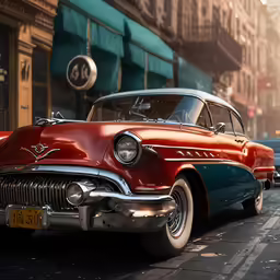 an older model car sitting on the side of the road