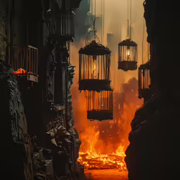 several cage hanging from the ceiling as fire breaks through the area
