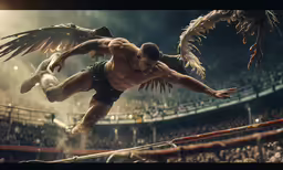 a man is leaping high with wings on his back