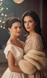 a pair of women pose together in front of a christmas tree