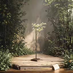 a wood floored area with a tree growing out of it