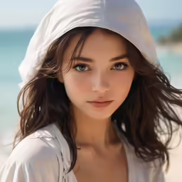 a woman standing on a beach next to the ocean