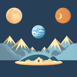 an alien island with houses in the middle,an island with mountains and a moon on a dark sky