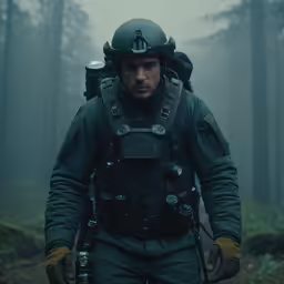 man in black jacket with gas can, backpack and hat in fog