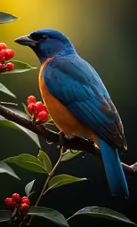 a bird is sitting on a branch with berries