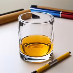 glass of whiskey on white table with various pens and markers