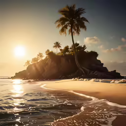 a beach with a sunset and palm trees
