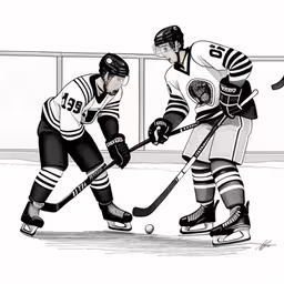 hockey players standing with their sticks on ice,two hockey players playing with a ball on ice