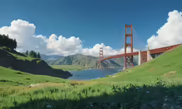 the golden gate bridge is situated between grassy land and a body of water