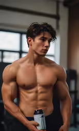 a young man with a large chest holding a gym bottle