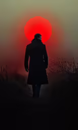 a man walking down a dirt road in front of a bright red sun