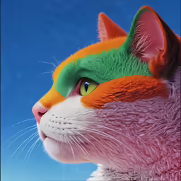 a cat with a green, orange and pink design on its head